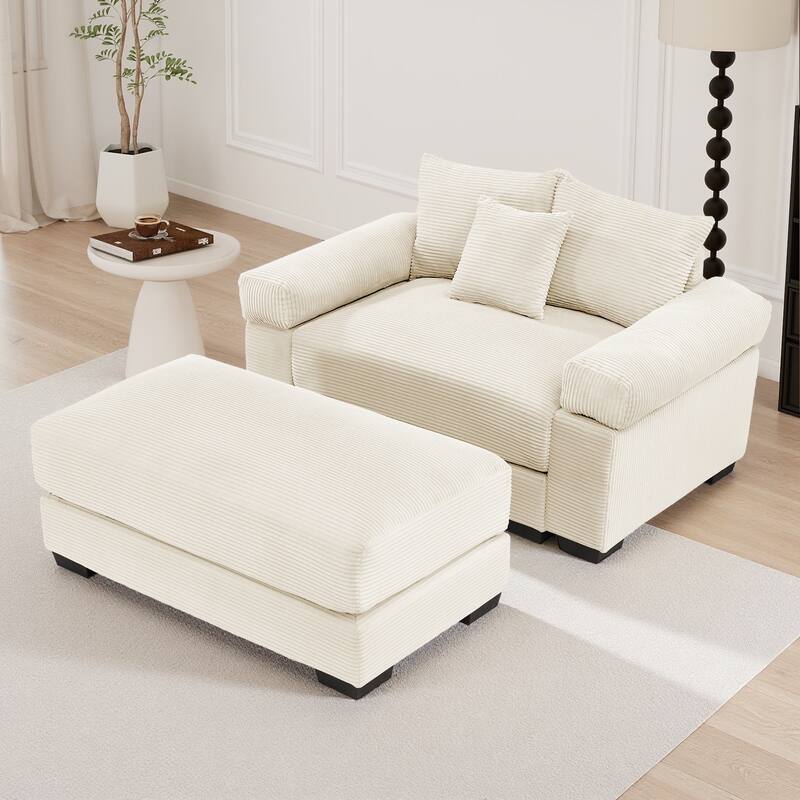 Oversized Chaise Lounge Corduroy Chair Indoor Single Sofa with Ottoman for Living Room Bedroom