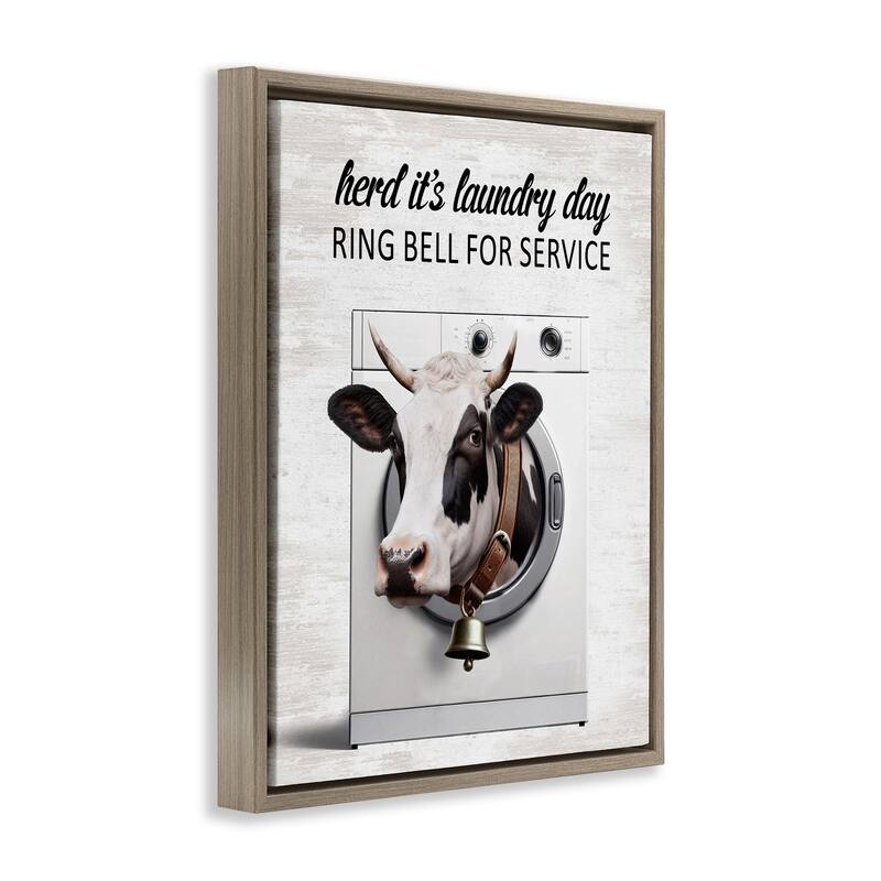 Stupell Ring Bell Laundry Service Cow Framed Floater Canvas Wall Art Design By Lettered and Lined