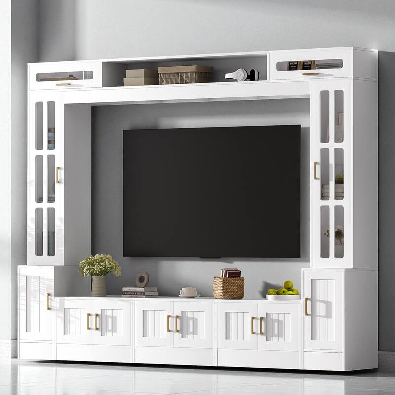 98.4'' Wall Unit Entertainment Center for TVs up to 80'', Modern Media Console with Bookshelves, Glass Doors & Cabinets