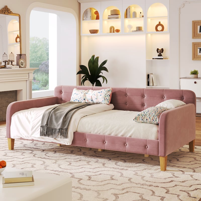 Twin Size Velvet Upholstered Daybed Frame with Tufted Backrest & 4 Legs - Pink