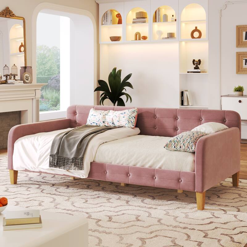 Upholstered Daybed w4 Support Legs, Button Tufting Loveseat Sofa Bed - Pink - Twin