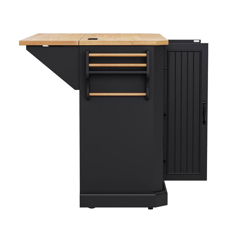 Kitchen Island Embossed Vertical Stripe Rolling Kitchen Cart with Rubber Wood Veneer Drop Leaf