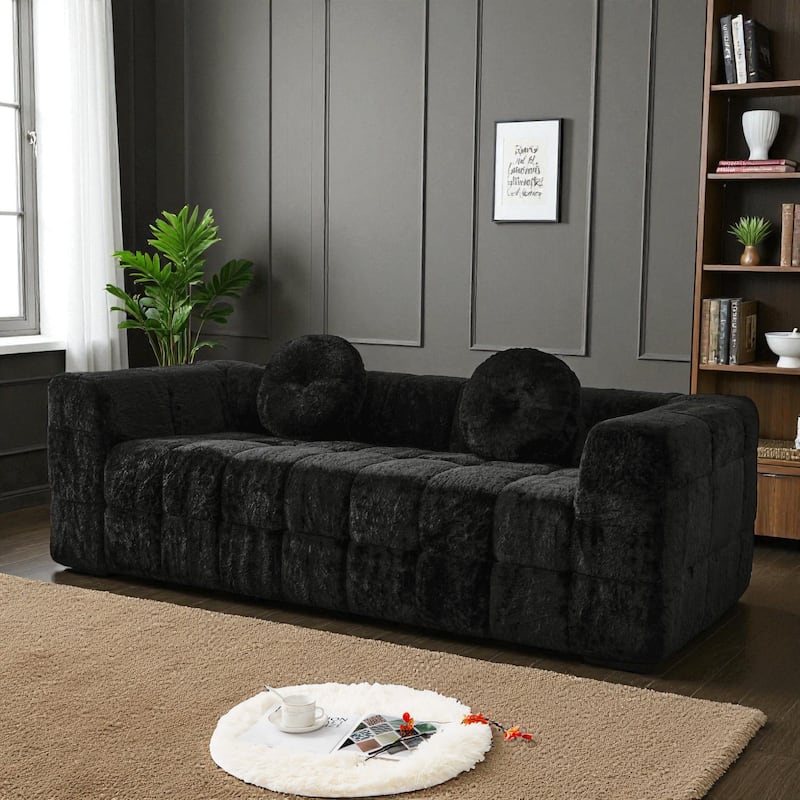 84.6" Modern Boneless Cloud Sofa, Lychee-Textured Long-Pile Polyester 3-Seater Couch with Checkered Design and Round Pillows - Black