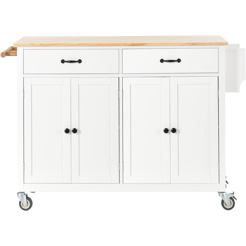 Kitchen Island Cart on Wheels with Solid Wood Top, Moveable Island Table with Adjustable Shelves, 4-Door Cabinet & 2 Drawers