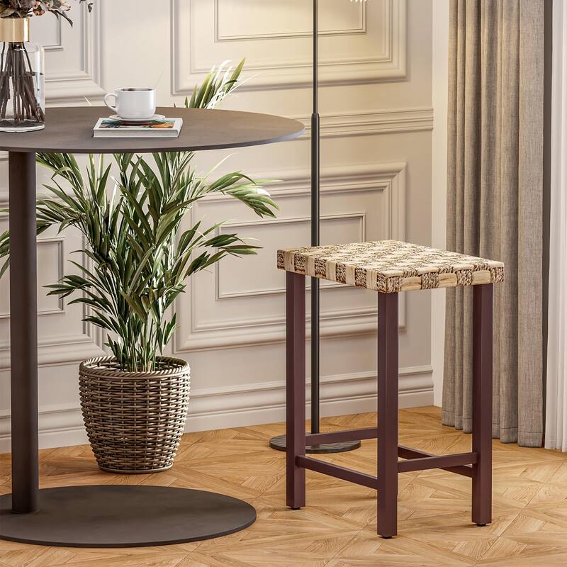 Set of 3 Handwoven Seagrass Bar Stools - 26.3" Height Adjustable, Solid Rubberwood Legs