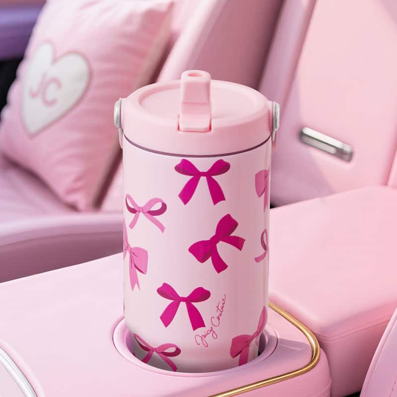 Juicy Couture Flip & Sip Hydration Stainless Steel Screw Top Tumbler with Flip Straw and Carry Handle