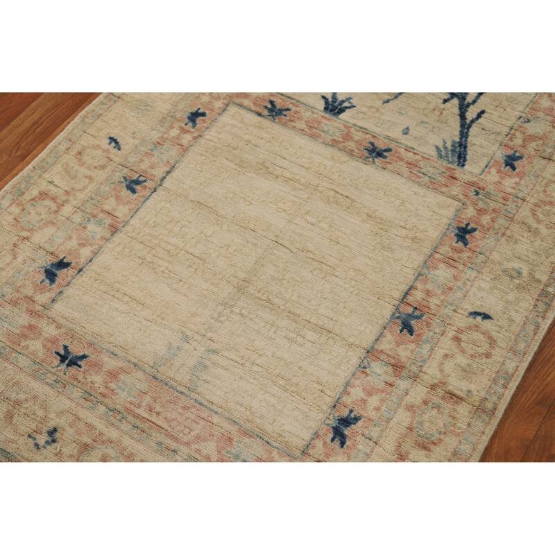 Hand Knotted Oriental 100% Wool Carpet Traditional Floral Beige & Ivories Art Deco Runner Rug - 11' 10'' X 3' 0''