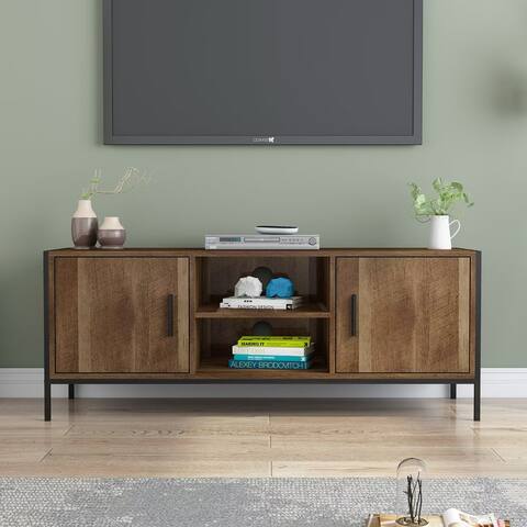 Industrial Mid-century 2-Door TV Stand for Tv's up to 55 inches, TV Console Table with Two Shelves, Media Cabinet