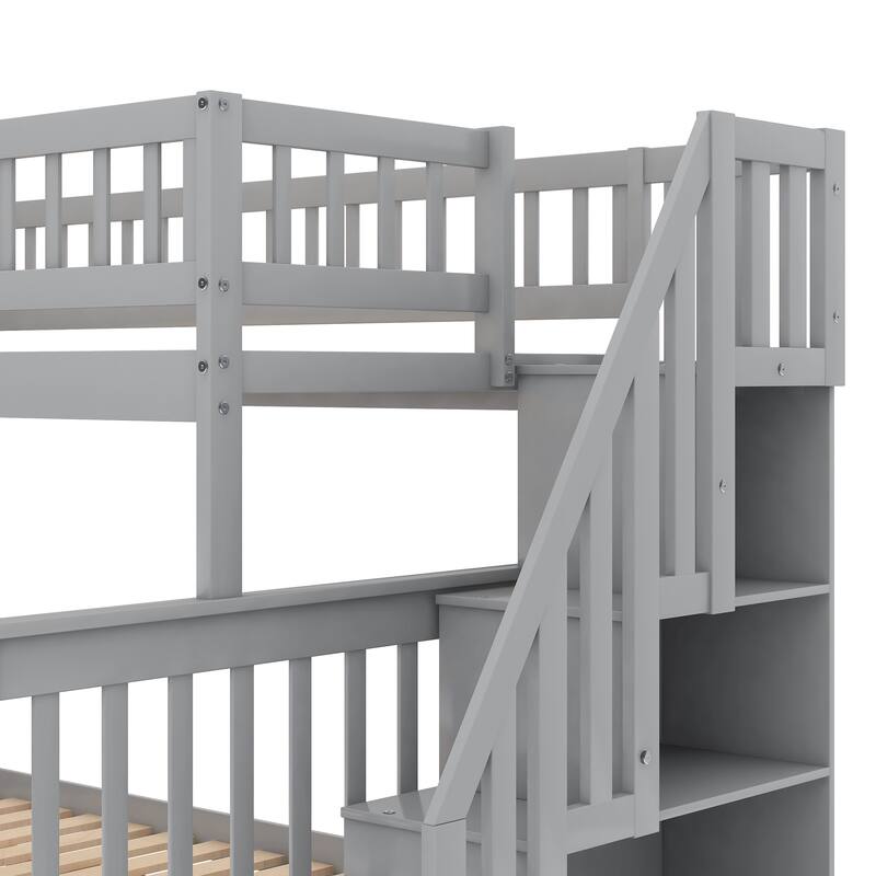 Twin Over Full Bunk Bed with Trundle and Storage Staircase, Space-Saving Design