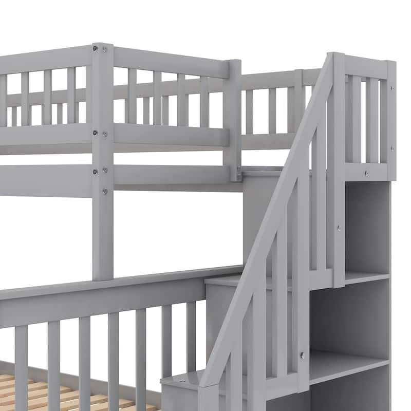 Twin over Full Bunk Bed with Trundle and Staircase,Gray - N/A