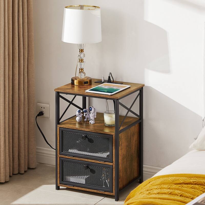 Nightstand End Table with Charging Station & 2 Flip Drawers, 2 USB
