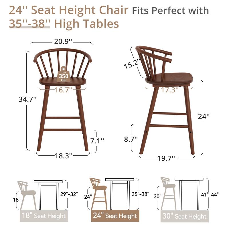 Set of 2 Counter Height 24.in Bar Stools for Kitchen Island with Solid Wood and Spindle Back Barstool