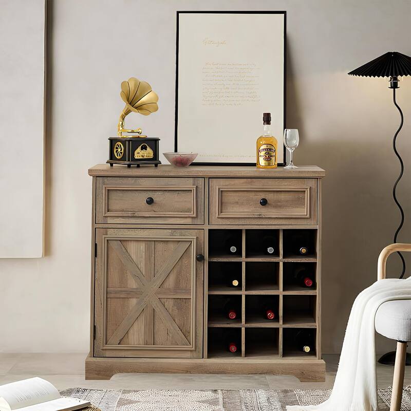 Roomfitters Farmhouse Buffet Cabinet with Storage Sideboard with 2 Drawers, Wine Bar Cabinet with Removable Wine Racks Storage - Gray Wash