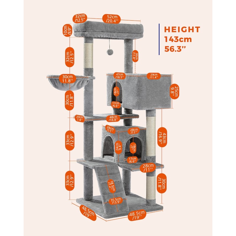 Cat Tree with Large Top Perch, Plush Hammock, 2 Condos, Dangling Pompom & Cat Scratching Posts