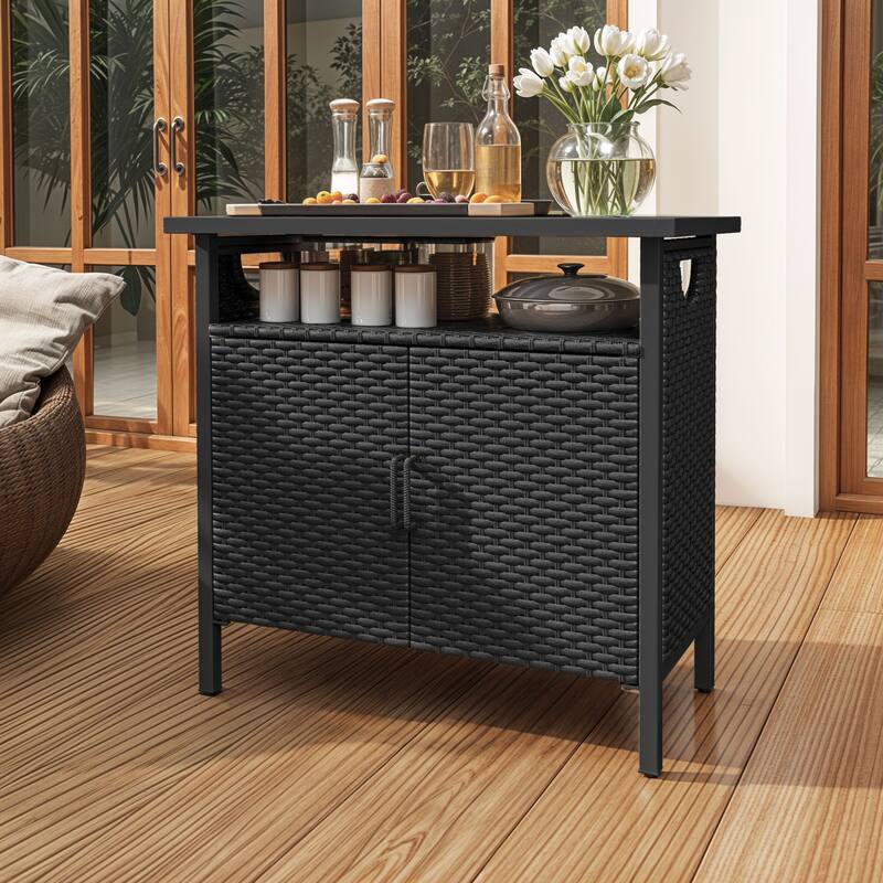 Moasis Wood and Wicker Outdoor Sideboard Storage Cabinet with Adjustable Shelves
