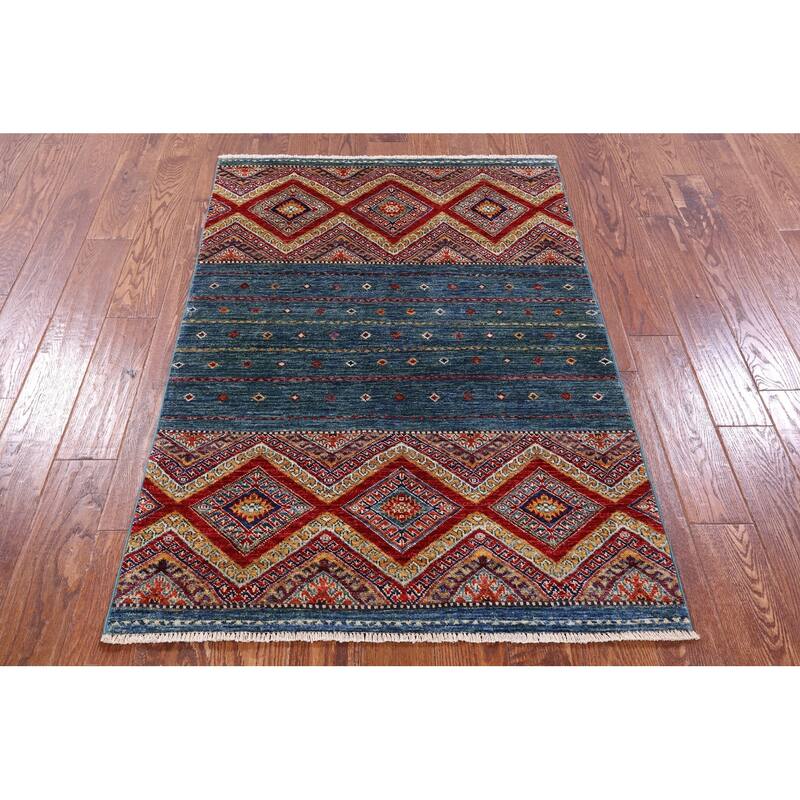 Golden Nile Green Khorjin Persian Gabbeh Hand Knotted Wool Rug - 3' 5" X 5' 0"