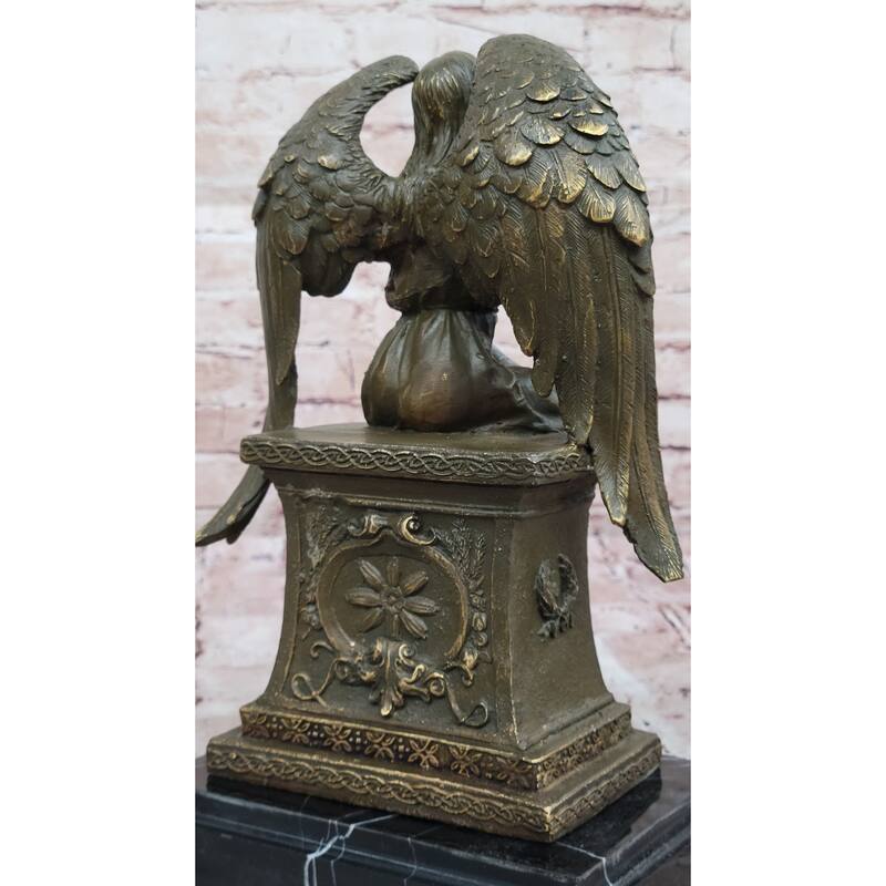 Seated Angel Bronze Sculpture By A. Moreau - Allegorical Guardian Angel Art