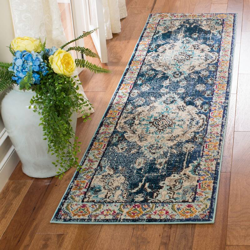 SAFAVIEH Monaco Oceane Boho Medallion Distressed Area Rug - 2'2" x 18' Runner - Navy/Light Blue
