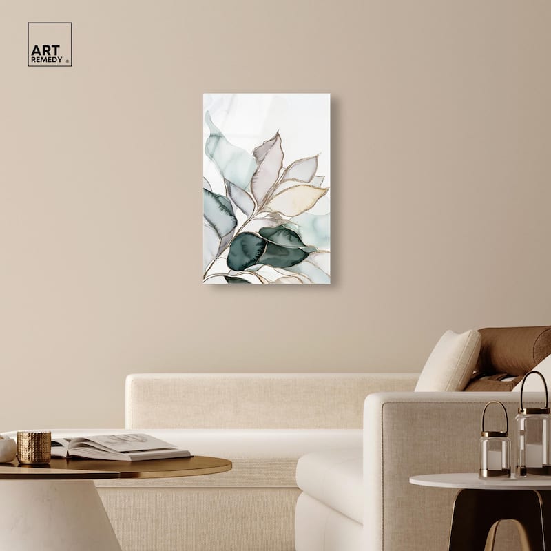 Pastel Leaves with Gold I Acrylic by Art Remedy, Ready to Hang