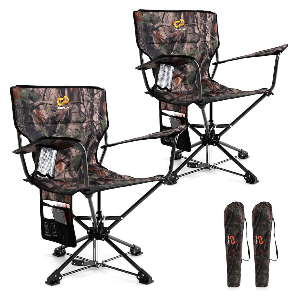 Goplus 2PCS 360° Swivel Hunting Chair with Mesh Cup Holder & Storage - Camo - See Details