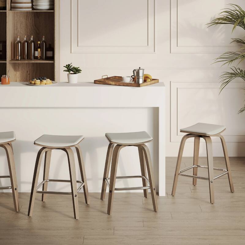 Pelya Leather Swivel Square Counter Stool with Wood Legs and Chrome Footrest for Kitchen Island or Dining Area Set of 2