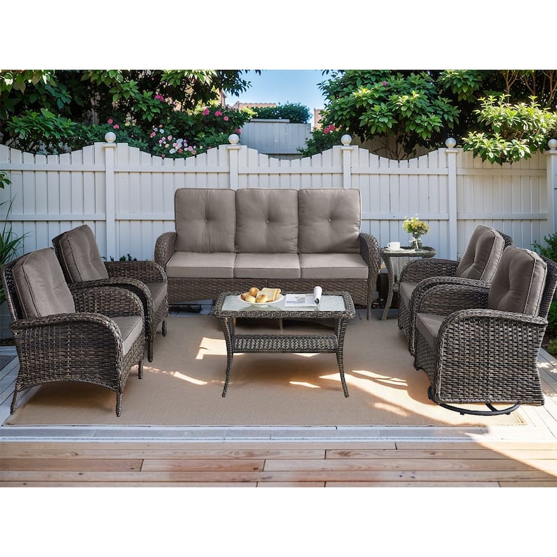 Rattan Wicker Sofa Swivel Rocker Chairs Sets - Brown - Brown - Grey