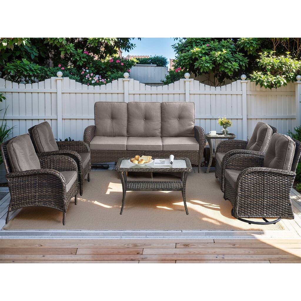 Rattan Wicker Sofa Swivel Rocker Chairs Sets - Brown