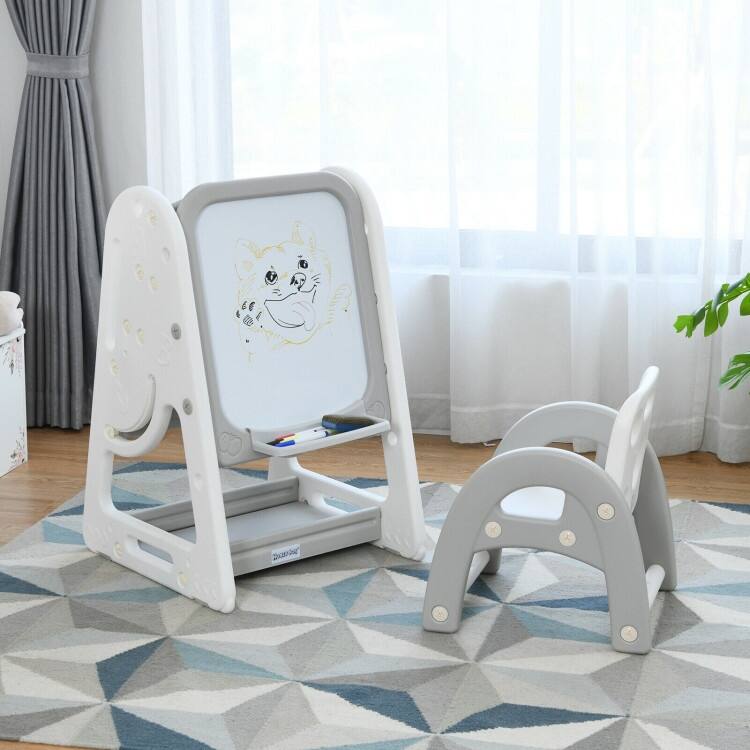 2 in 1 Kids Easel Desk Chair Set Book Rack Adjustable Art Painting Board - 25'' x 21'' x 30'' – 39'' (L x W x H) - 2-4 Years