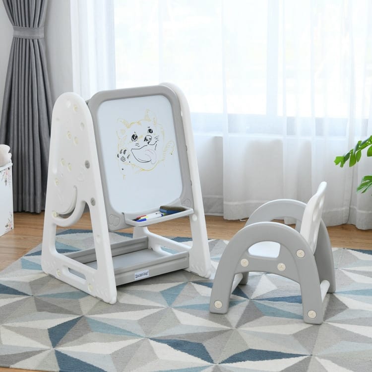 2 in 1 Kids Easel Desk Chair Set Book Rack Adjustable Art Painting Board - 25'' x 21'' x 30'' – 39'' (L x W x H)