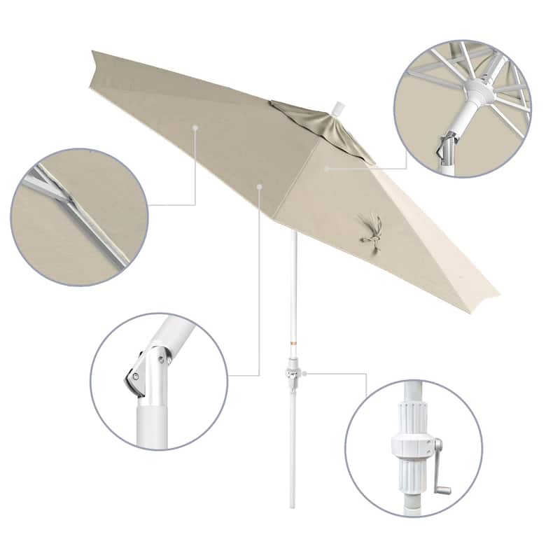 California Umbrella 9' Rd Golden State Series Patio Umbrella White Aluminum Frame Crank Lift Collar Tilt Sunbrella