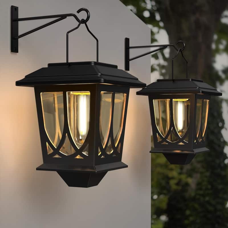 Solar Lanterns Outdoor Waterproof 2 Pack, Glass Auto On/Off - Black