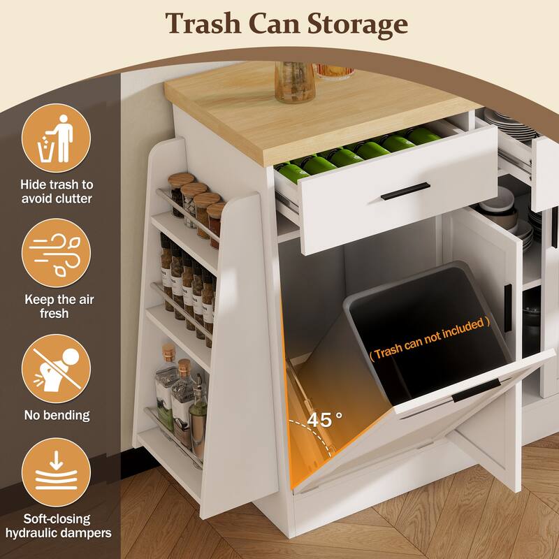Anmytek White Kitchen Island Sideboard with Trash Can Storage Sliding Door Cabinet and 3-Tier Spice Rack