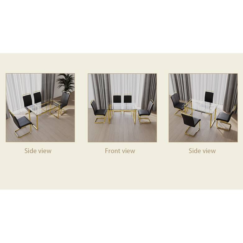 5-Piece Glass Dining Table Set with Gold Metal Legs and 4 PU Upholstered Chairs
