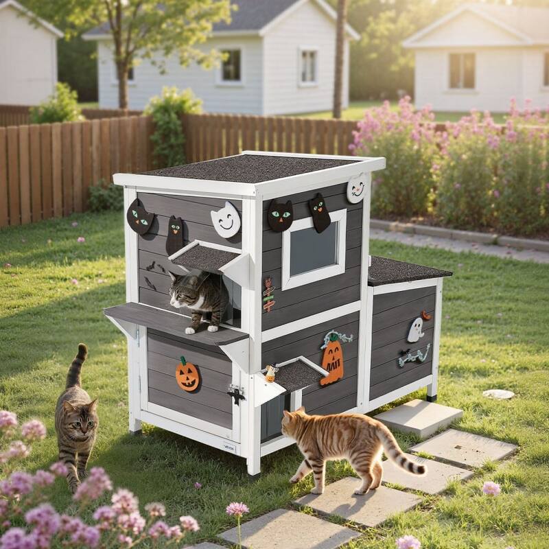 Outdoor Wooden Cat House for Multiple Cats with Waterproof Roof and Elevated Weatherproof Design