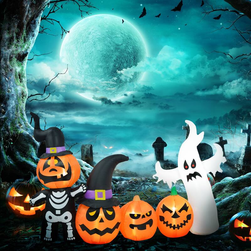 4.2 ft Inflatable Halloween Pumpkin Ghost Family with LED Lights Waterproof Polyester for Indoor and Outdoor Decoration - Orange