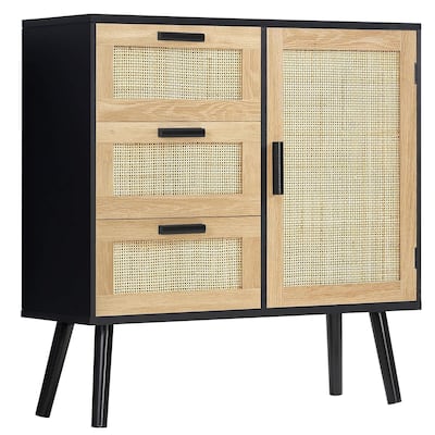 Storage Cabinet with Rattan Door & 3 Drawers, Adjustable Shelf