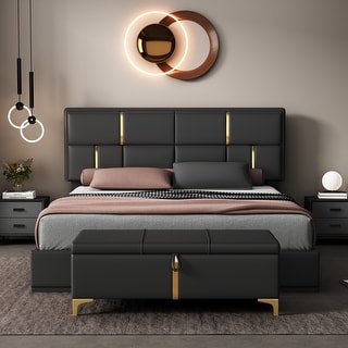 Upholstered Bedroom Sets with Queen Platform Bed and Storage Ottoman