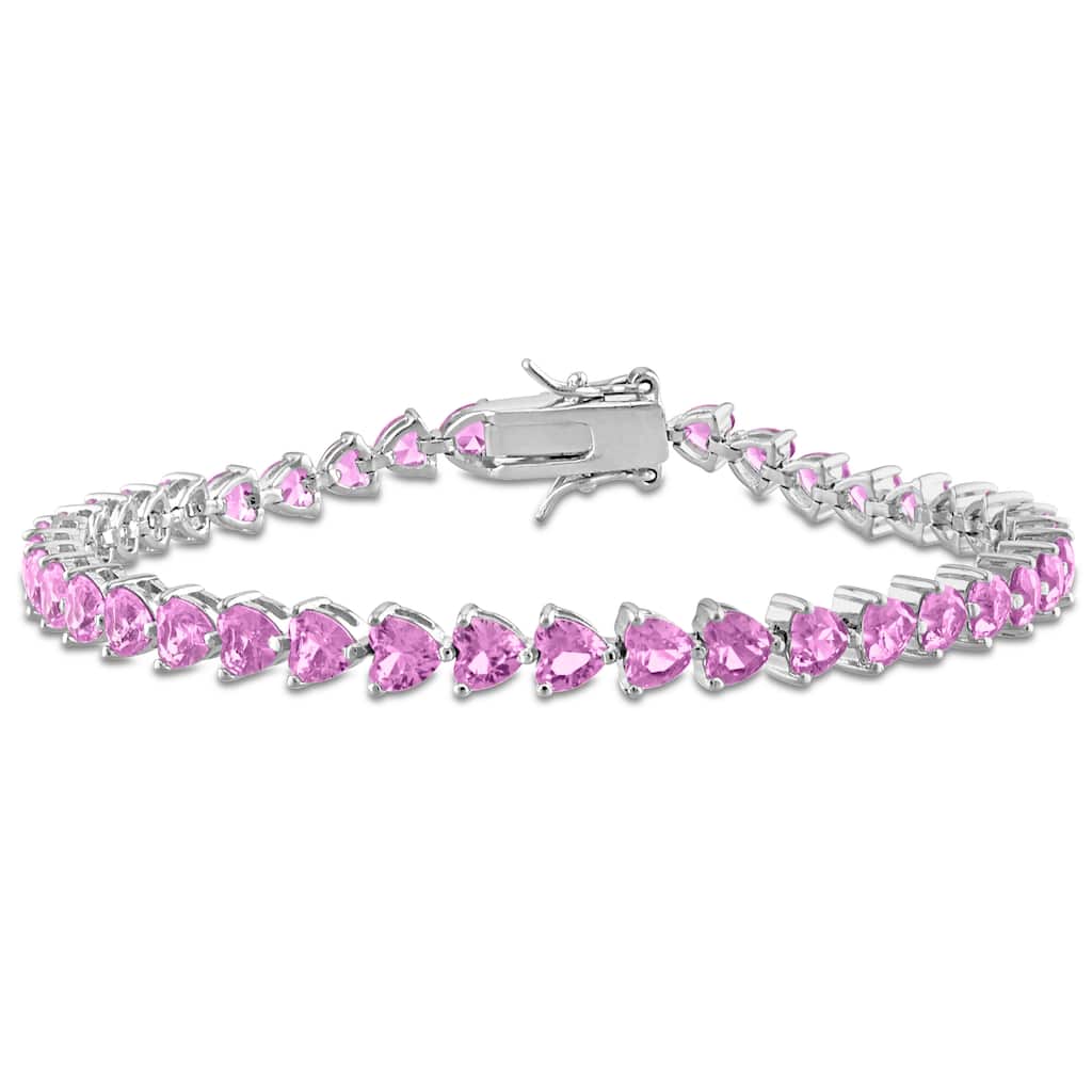Miadora 12 1/3ct TGW Created Pink Heart-Cut Sapphire Bracelet Sterling Silver - 7.5 in.