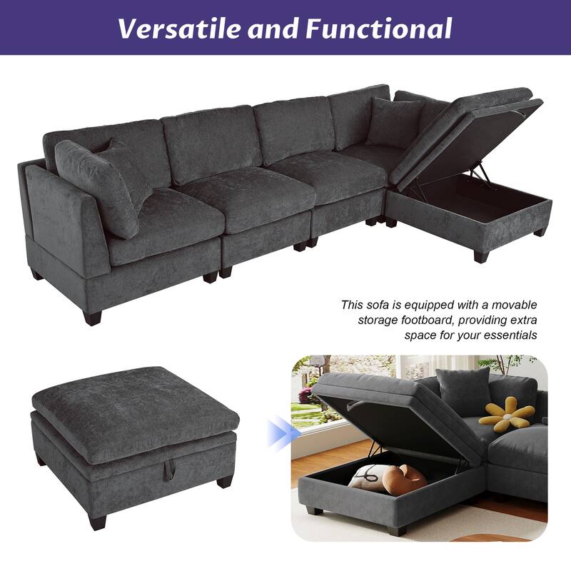 127.6" Polyester Modular Sectional 5-Seat L-Shaped Sofa with Storage Ottoman and Hidden Cup Holders