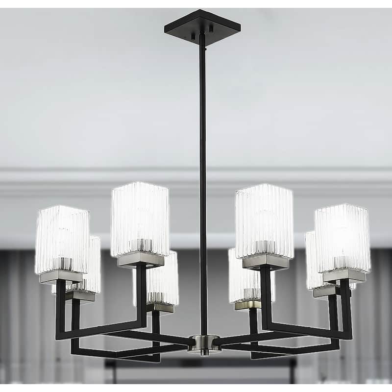 Rigsby Black+Brushed Nickel 8-Light Linear Chandelier with Clear-Rippled Square Glass Shades