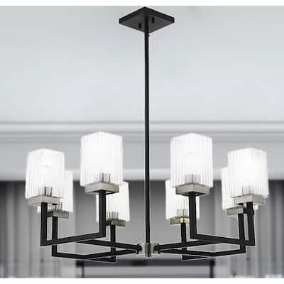 Rigsby Black+Brushed Nickel 8-Light Linear Chandelier with Clear-Rippled Square Glass Shades