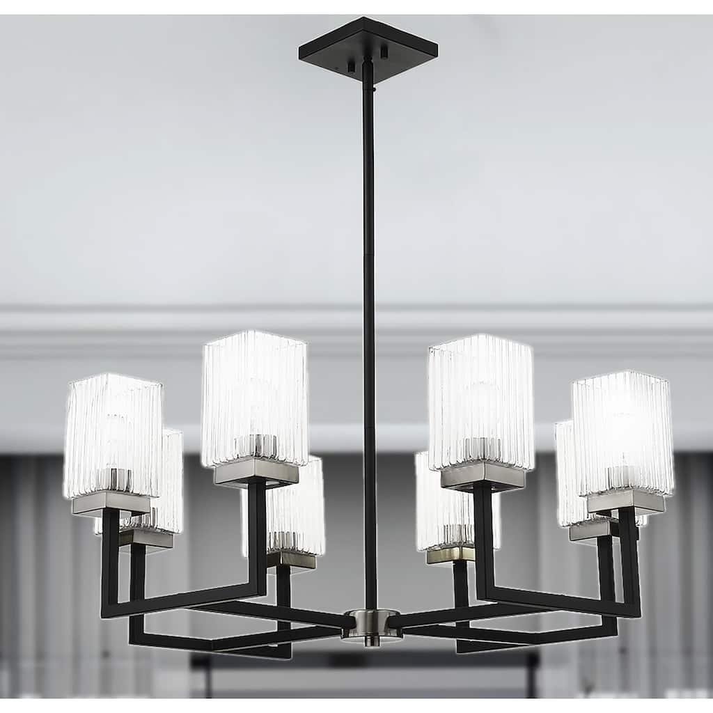 Rigsby Black+Brushed Nickel 8-Light Linear Chandelier with Clear-Rippled Square Glass Shades