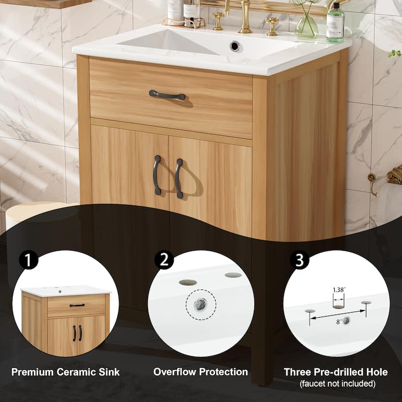 24'' Bathroom Vanity with Ceramic Sink, Solid Wood Frame, Flip Drawer, 2 Soft-Close Doors & Adjustable Shelf