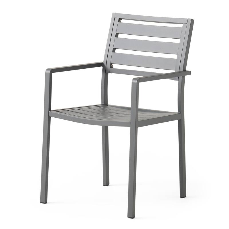 Roomfitters Modern Outdoor Aluminum Slat Back Dining Chairs, Rust Resistant Frame, Gun Metal Gray, Set of 2