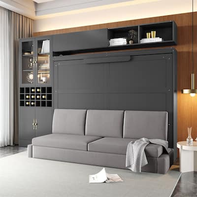 Queen Size Murphy Bed Wall Bed with Sofa , Shelves USB & Light