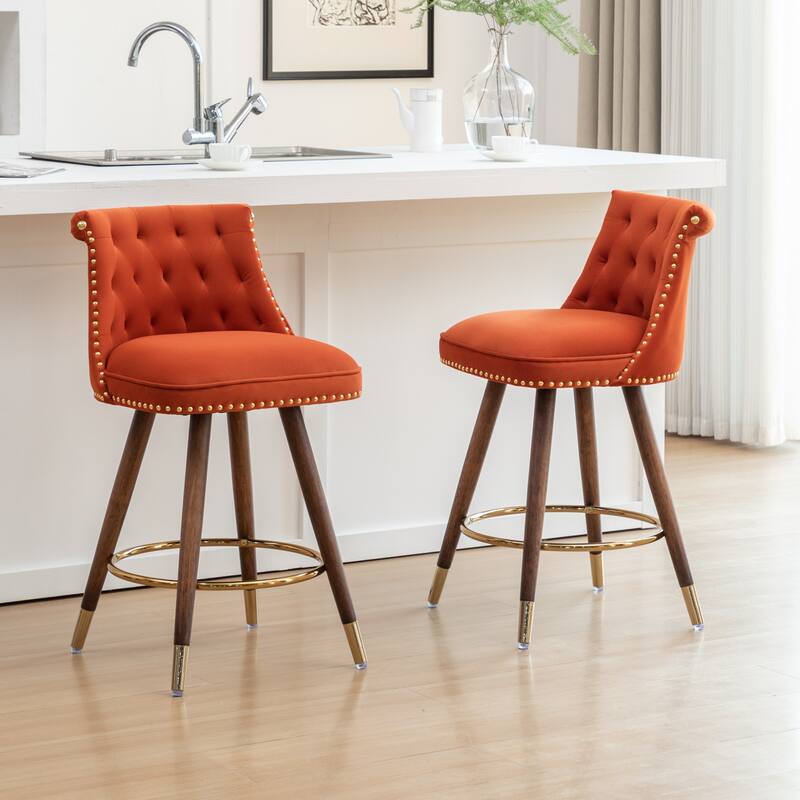 Set of 2 Button-Tufted Counter Stools with Nailhead Trim