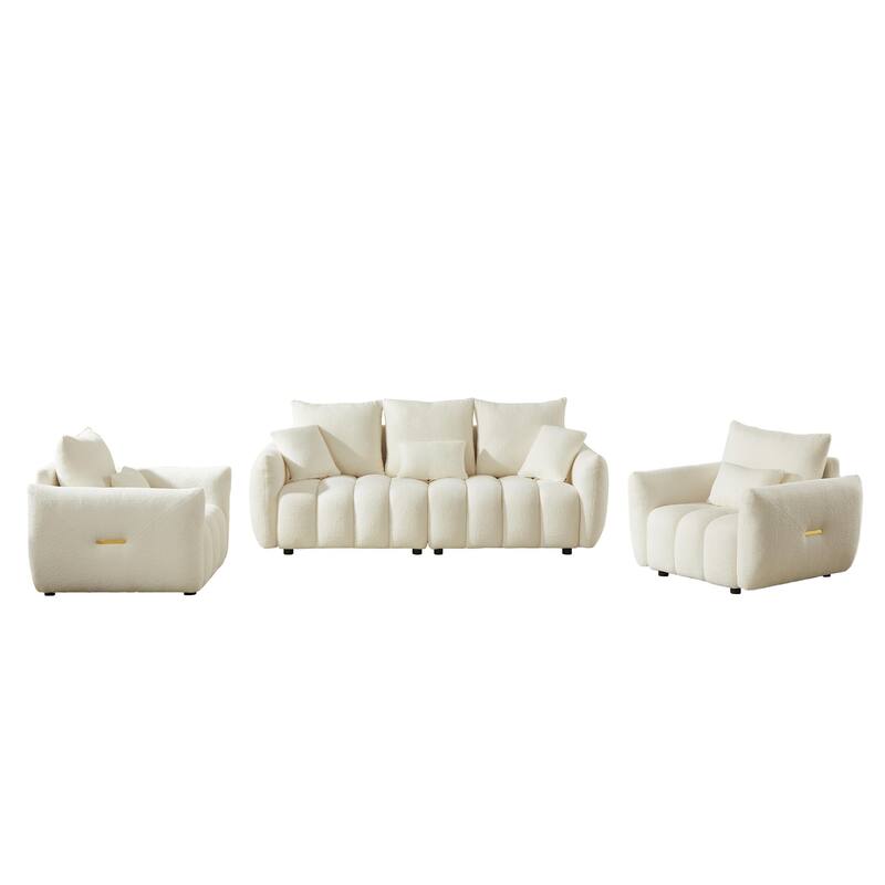 1+1+3 Seater Sofas Set of 3, Teddy Fabric Couches with Wooden Frame and Cushions, Armrests Side with Metal Strip Decorations