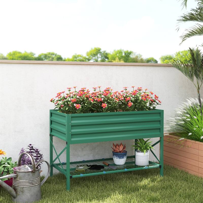 Galvanized Steel Elevated Raised Garden Planter with Storage Shelf - 41.75" L x 21.25" W x 30" H