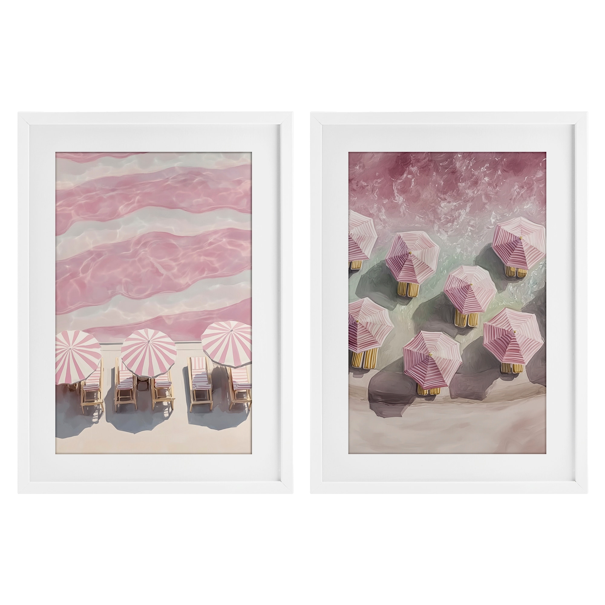 Stupell Pink Umbrellas on Beach Under Glass Framed Design By Annabelle Hall (Set of 2)