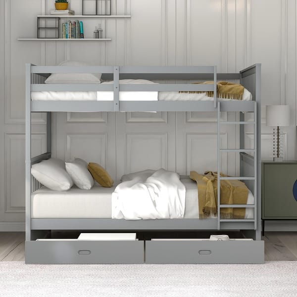 slide 2 of 19, Full-Over-Full Bunk Bed with Ladders and Two Storage Drawers Grey
